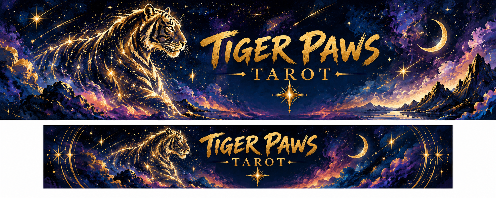 Tiger Paws Tarot in gold lettering beside a celestial tiger, a crescent moon, and a violet night sky.