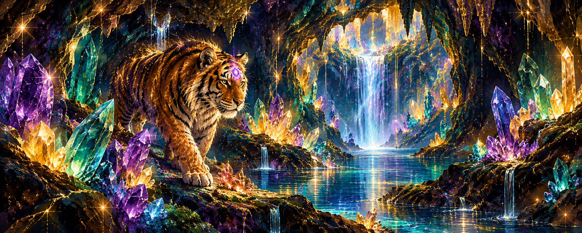 A tiger exploring a luminous crystal cave with violet, teal, and golden crystals beside a waterfall.