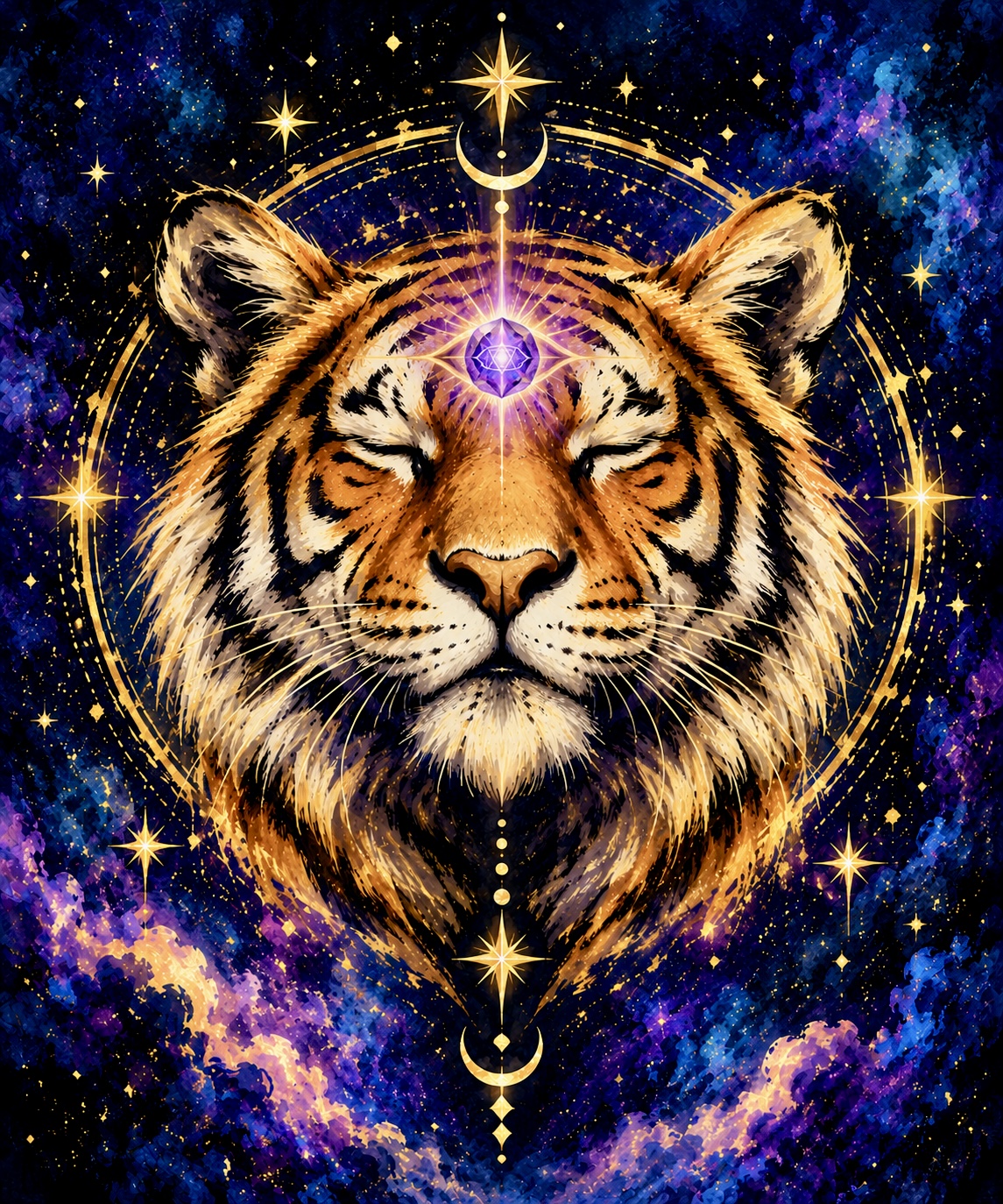 An orange tiger with closed eyes and a glowing violet forehead crystal, surrounded by golden stars and a blue and purple nebula.