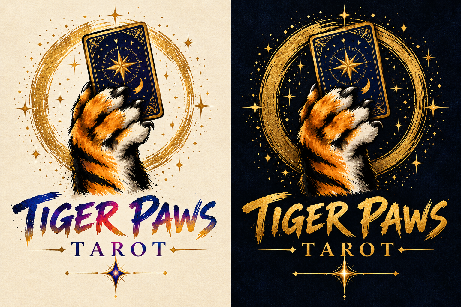An illustrated tiger paw holding a celestial tarot card, encircled by gold stars.